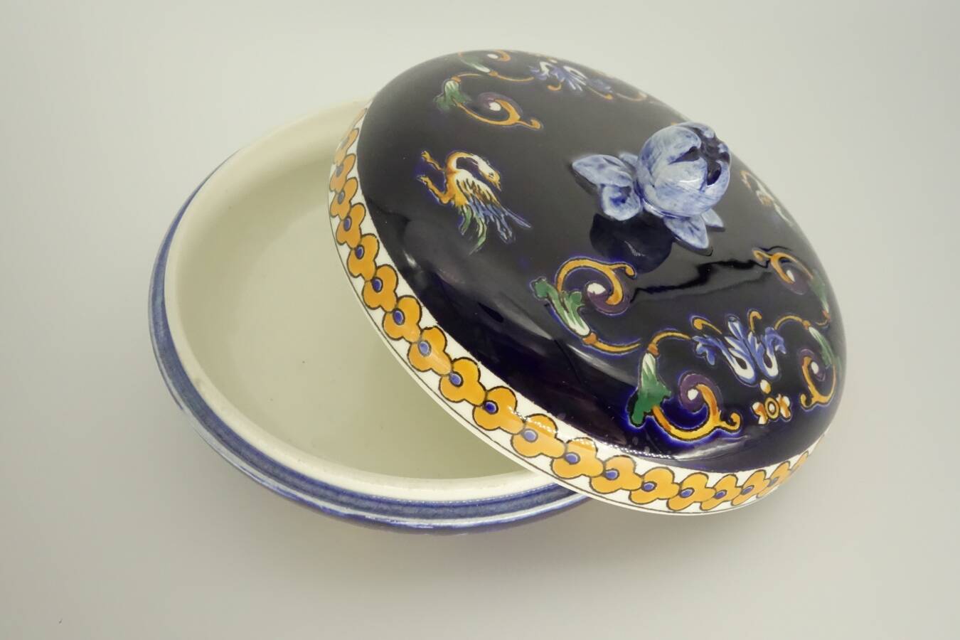 Gien faience candy box, Renaissance decor, blue background