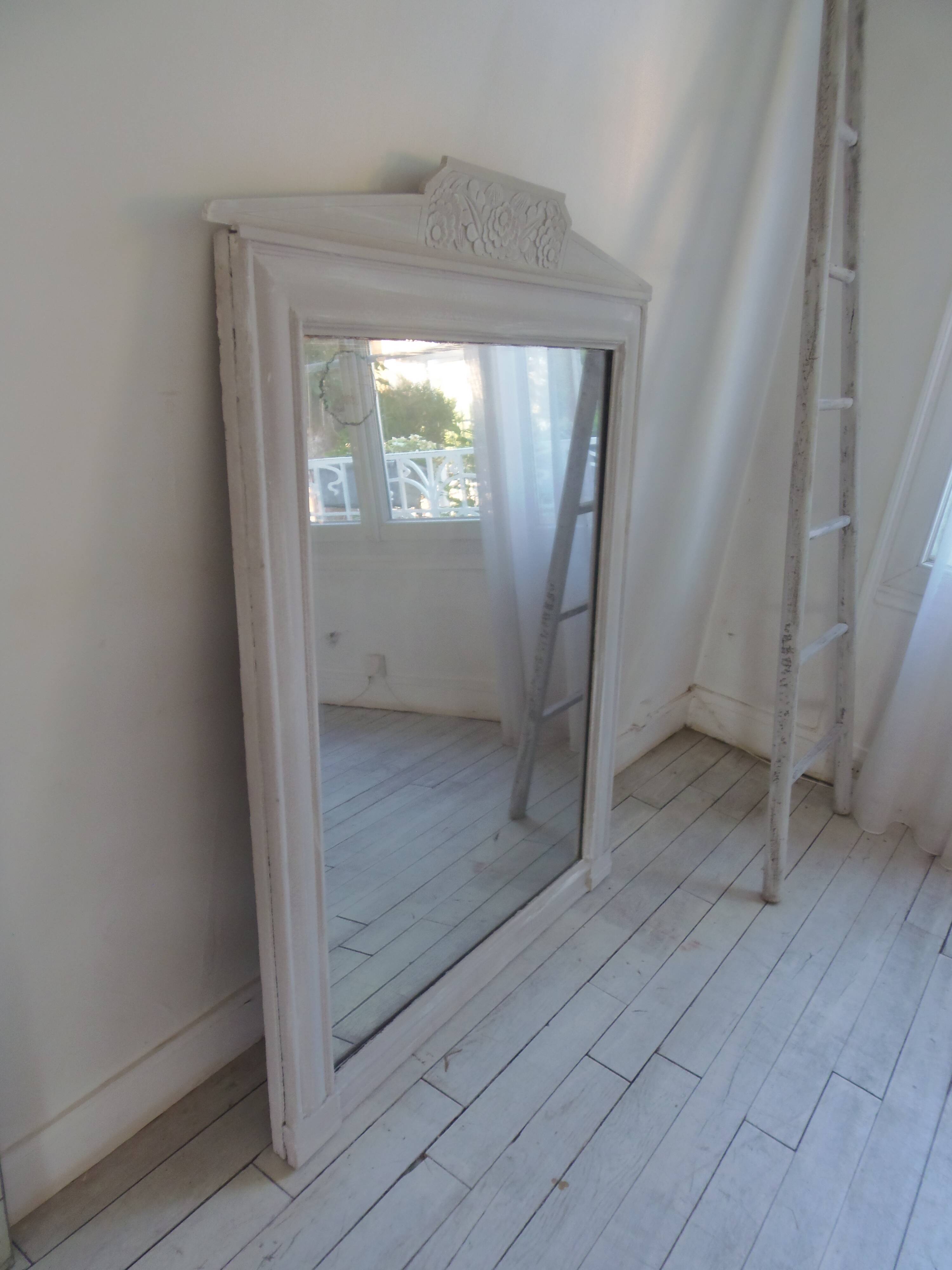 Antique trumeau mirror with pearl grey and powdered white patina