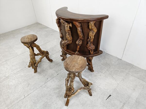 Bar à branches en bois de vigne vintage, années 1950