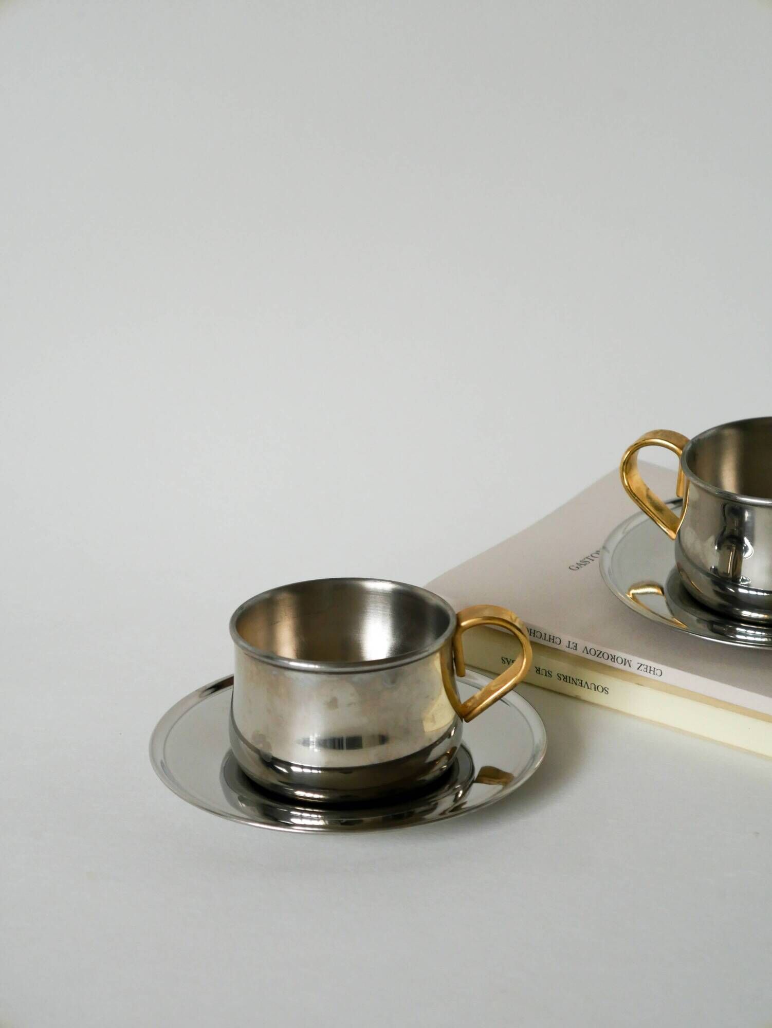 Duo of double-walled stainless steel espresso cups Made in Italy, Design 1970