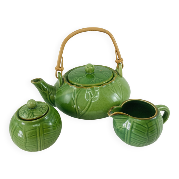Service à thé en barbotine verte motif chou, vintage années 70