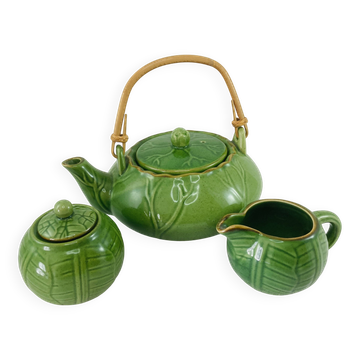 Service à thé en barbotine verte motif chou, vintage années 70