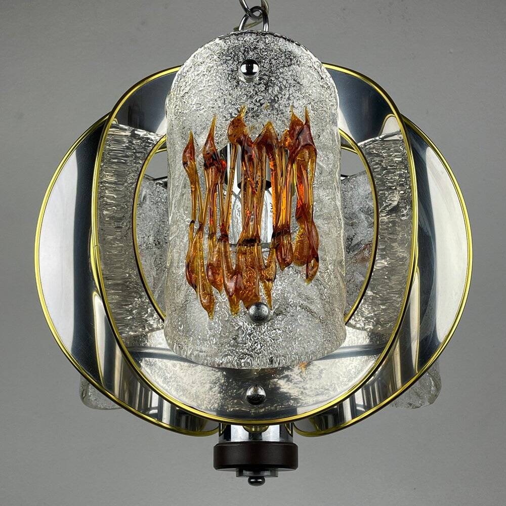 Amber mid-century chrome chandelier by Toni Zuccheri for Veart, Italy, 1970s.