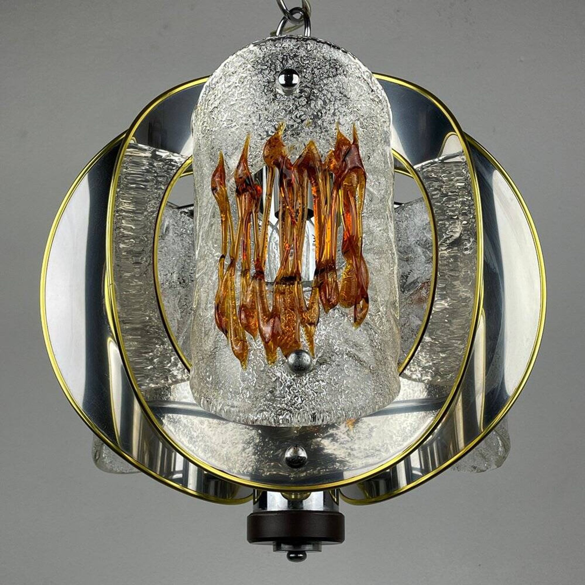 Amber mid-century chrome chandelier by Toni Zuccheri for Veart, Italy, 1970s.
