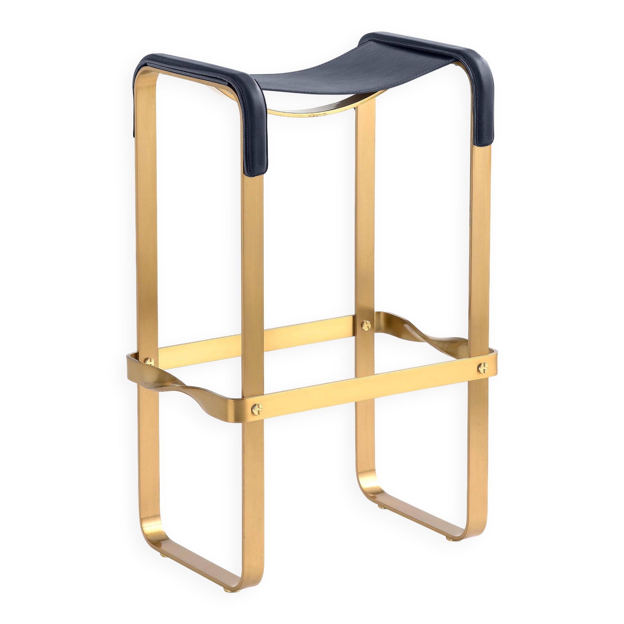 Contemporary classic bar stool in aged brass and navy blue leather.