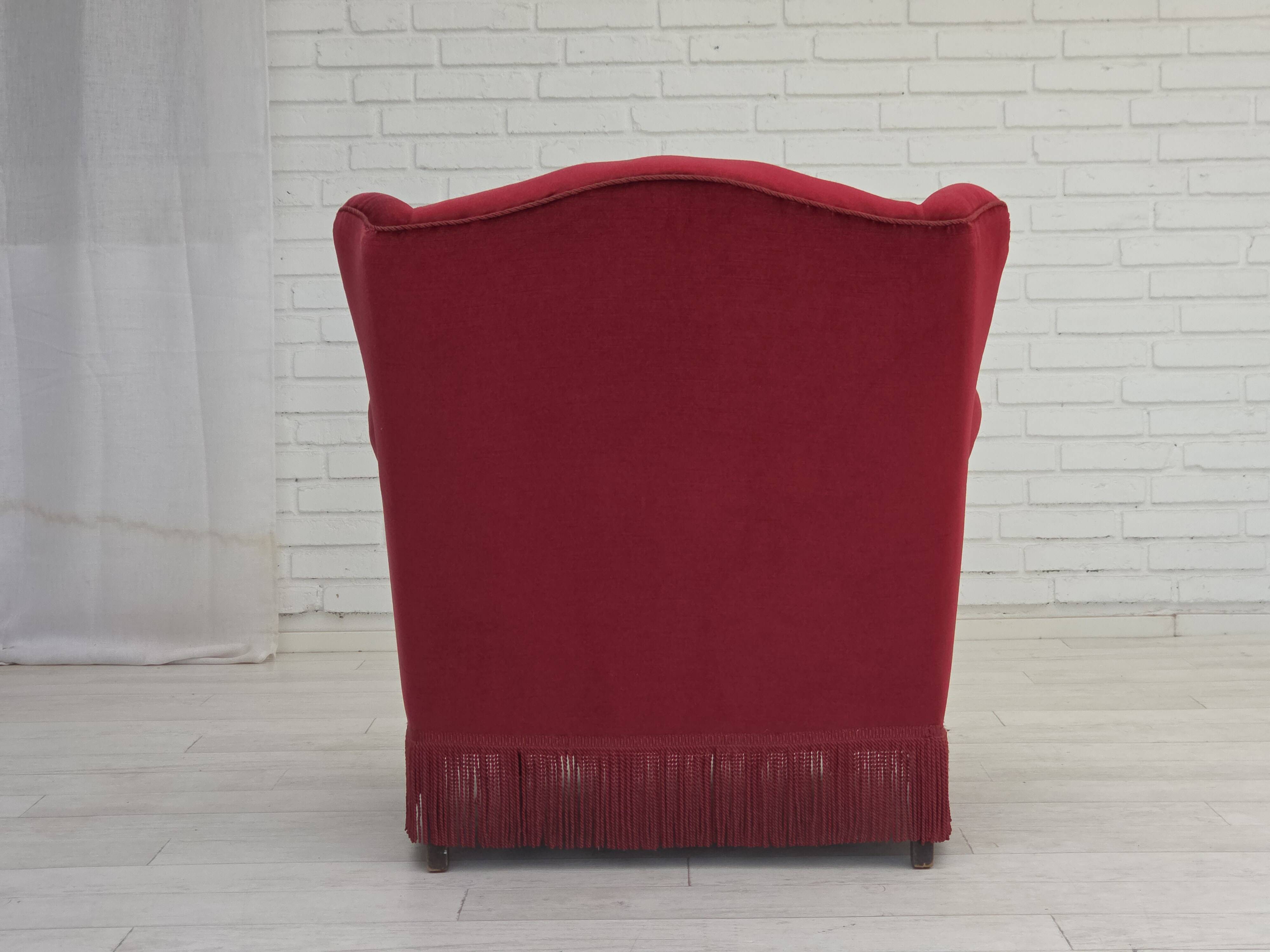 1960s, Danish armchair, red furniture velour, beech wood legs.