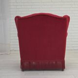 1960s, Danish armchair, red furniture velour, beech wood legs.