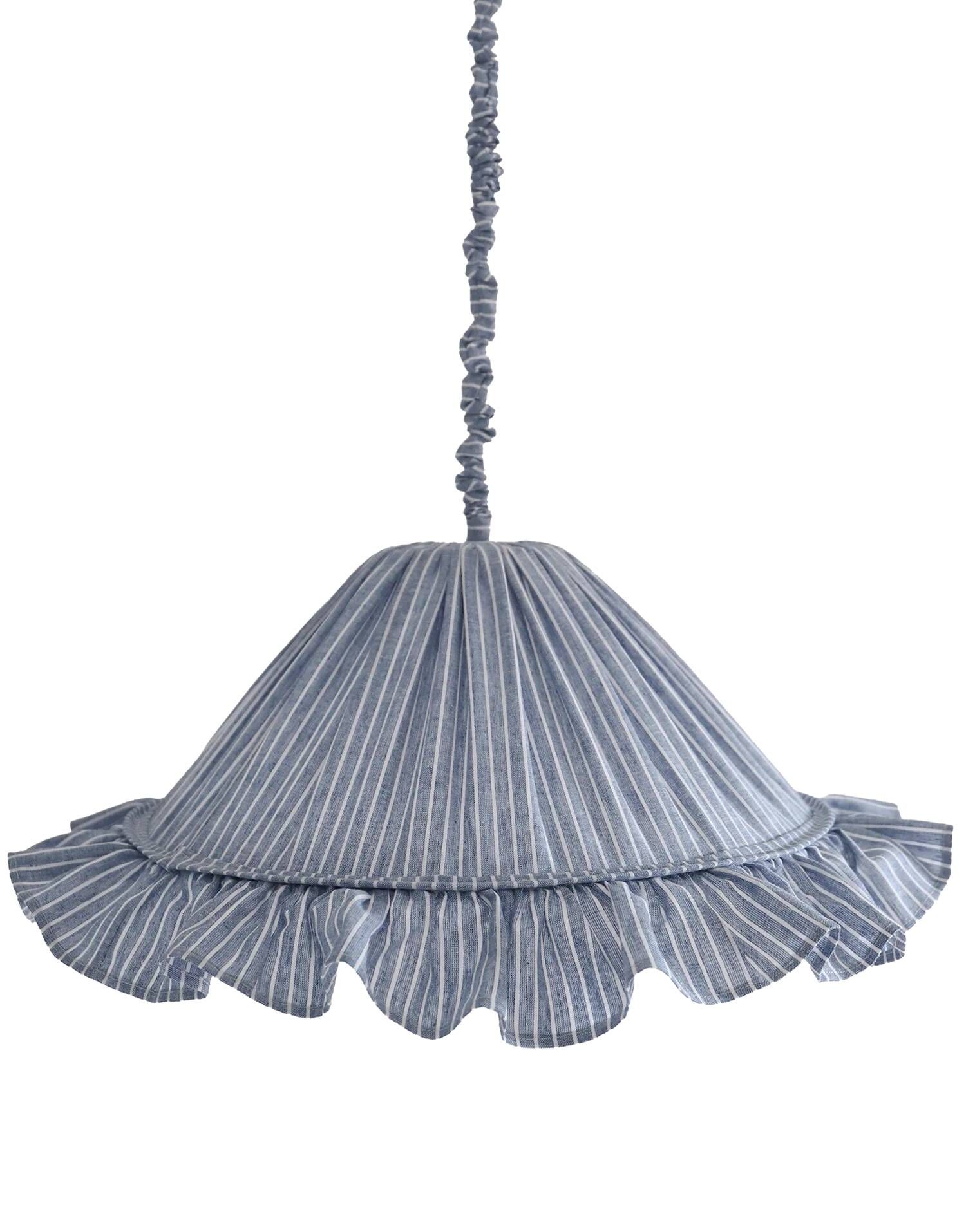 Suspension Emilia, pleated lampshade with frills, blue stripes.