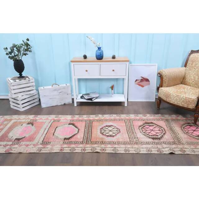 Vintage Turkish Hand-Knotted Wool Cotton Pink Runner Rug 99x345
