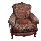 Fauteuil classique / style Louis XV en bois sculpté et velours jacquard