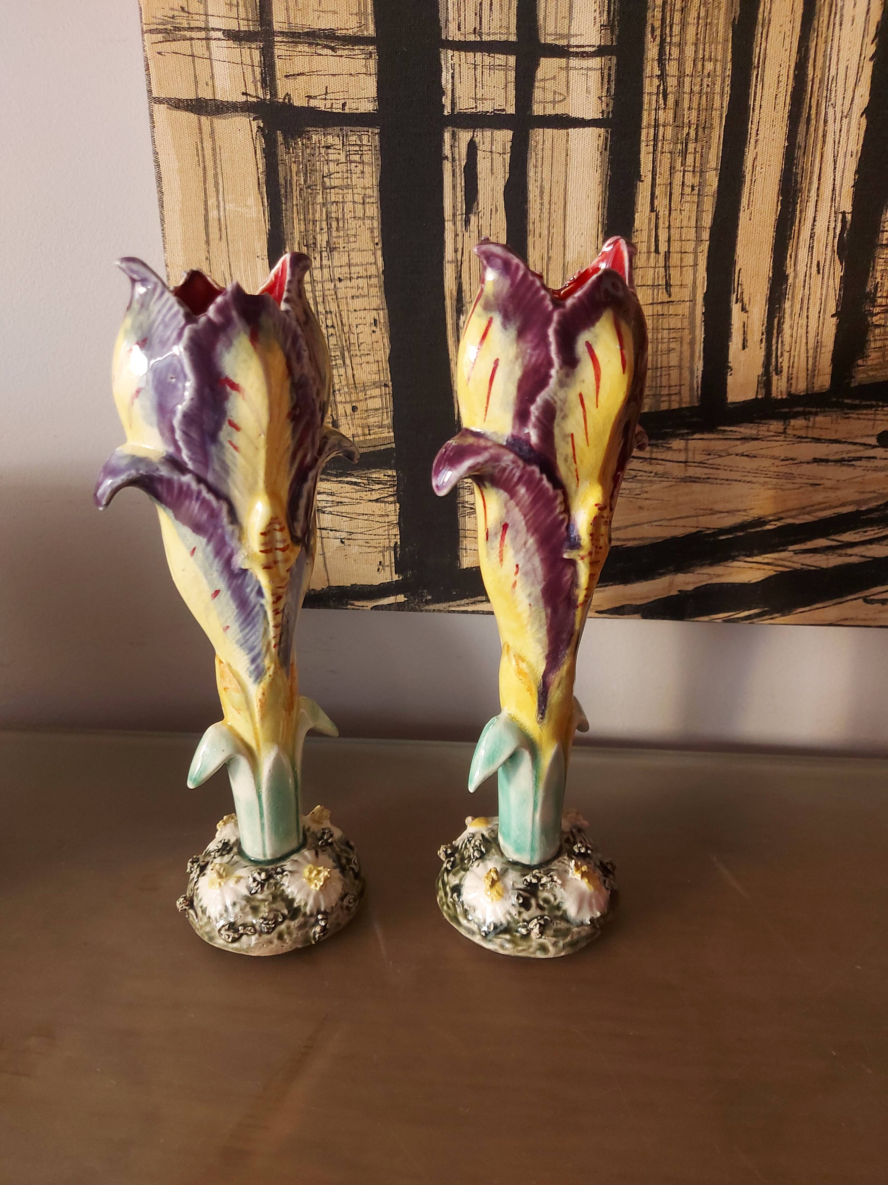 Pair of art nouveau slip vases, soliflore, iris
