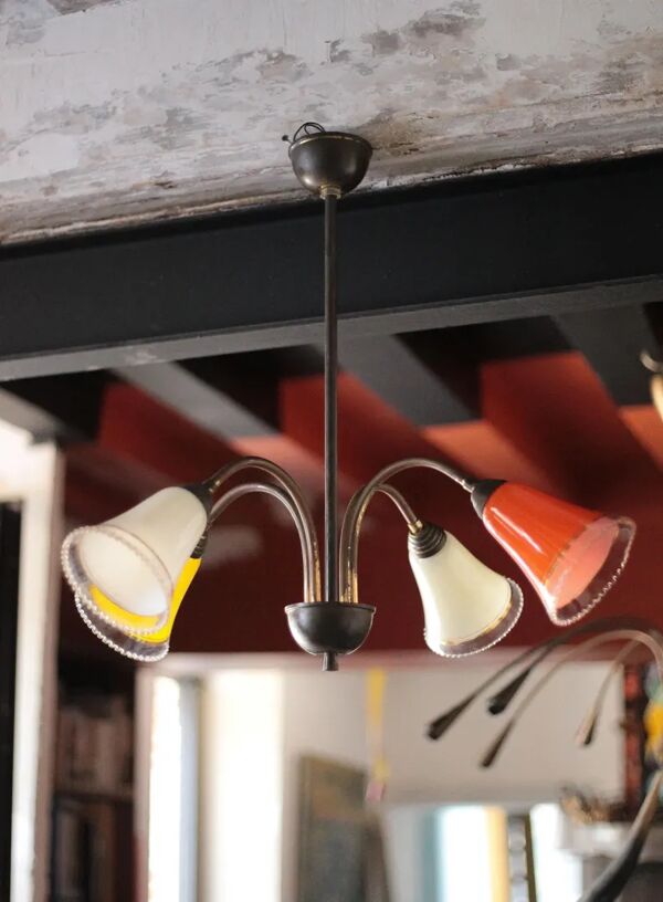Suspension 4 feux vintage, suspension spoutnik, globe verre coloré, lampe de plafond, déco intérieur, 50's