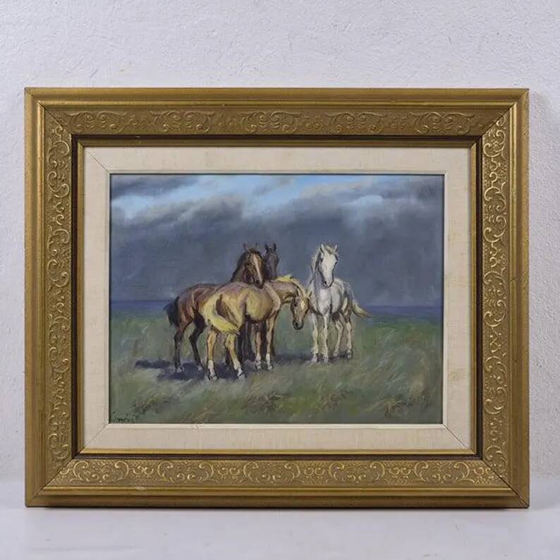 Original Swedish Oil on Canvas – “Horses” – Signed – Vintage & Framed – 59.5 × 49.5 cm