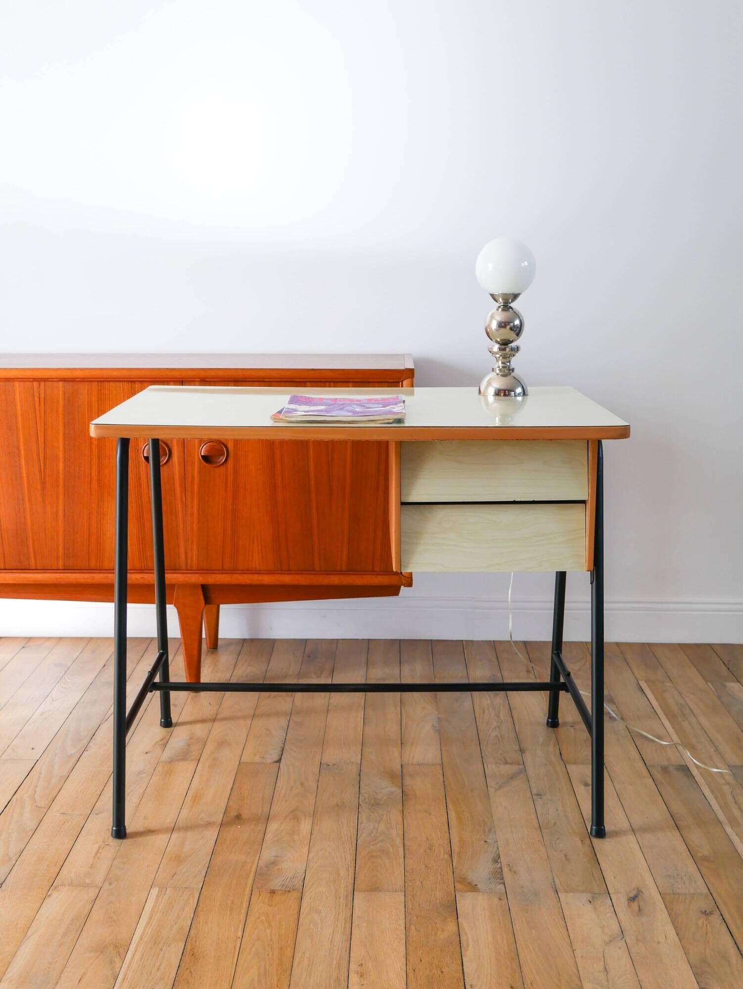 Formica, beech and black metal desk, Modernist Design, 1960