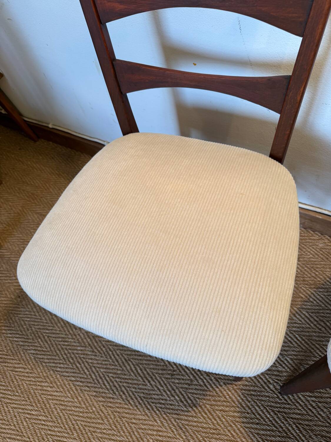 Pair of vintage wood and corduroy chairs