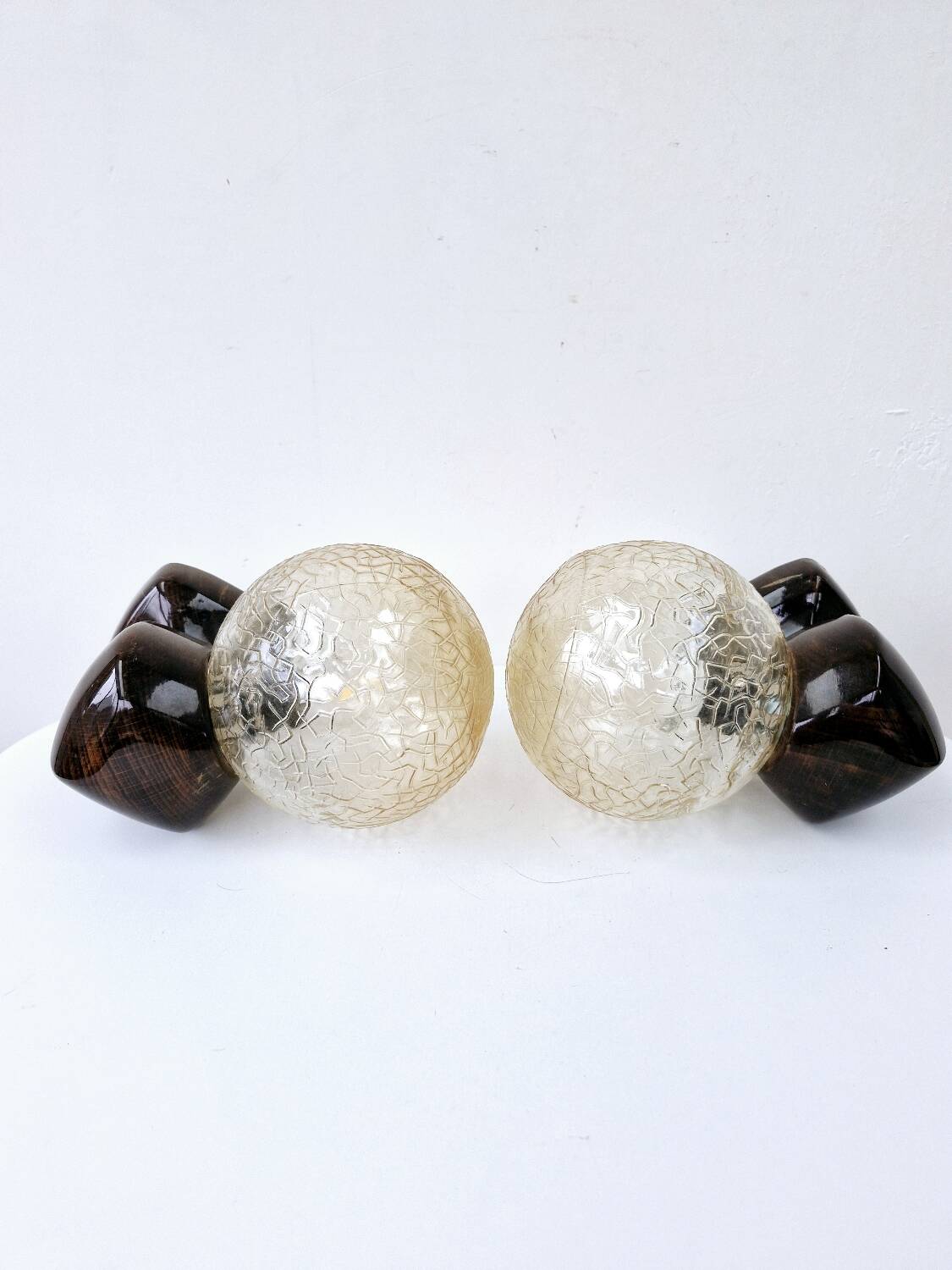 2 Art Deco ball wall lights Wood Cut glass Functional