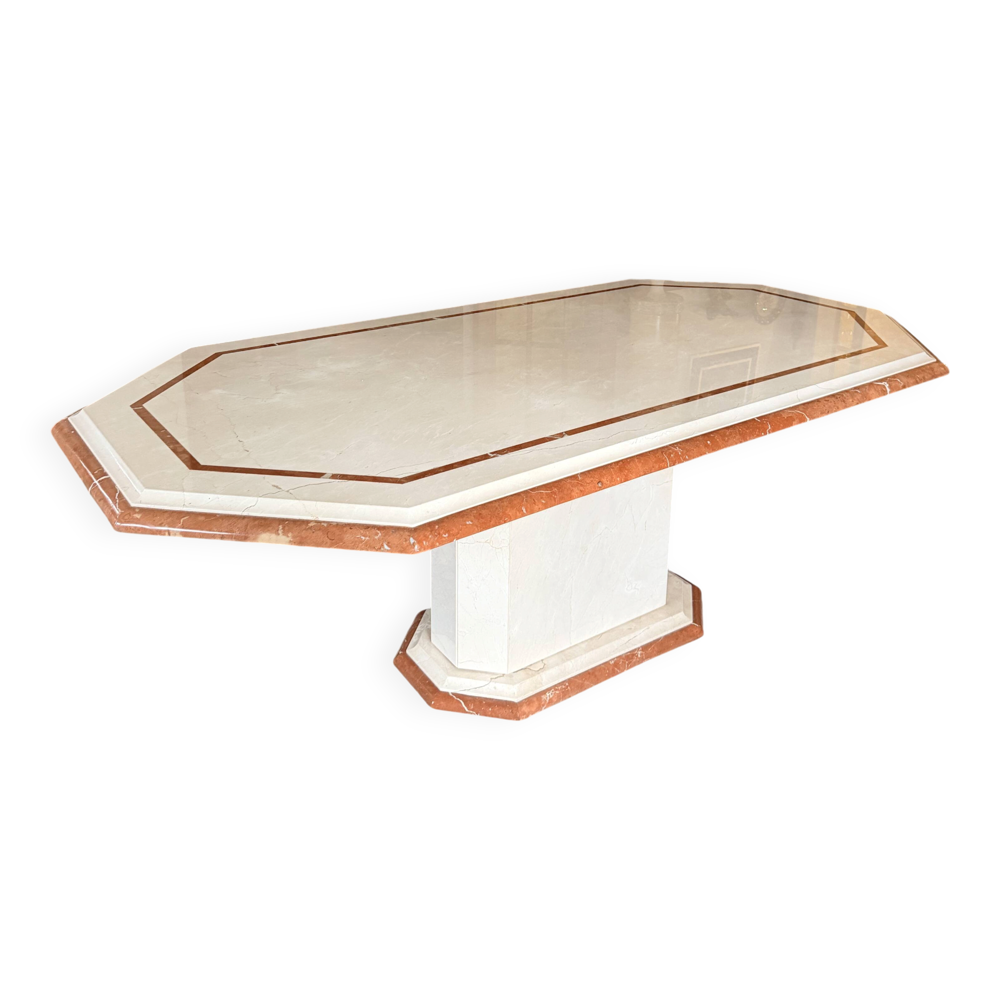 Large Crema Marfil & Alicante red marble table – 212 cm – 10 people