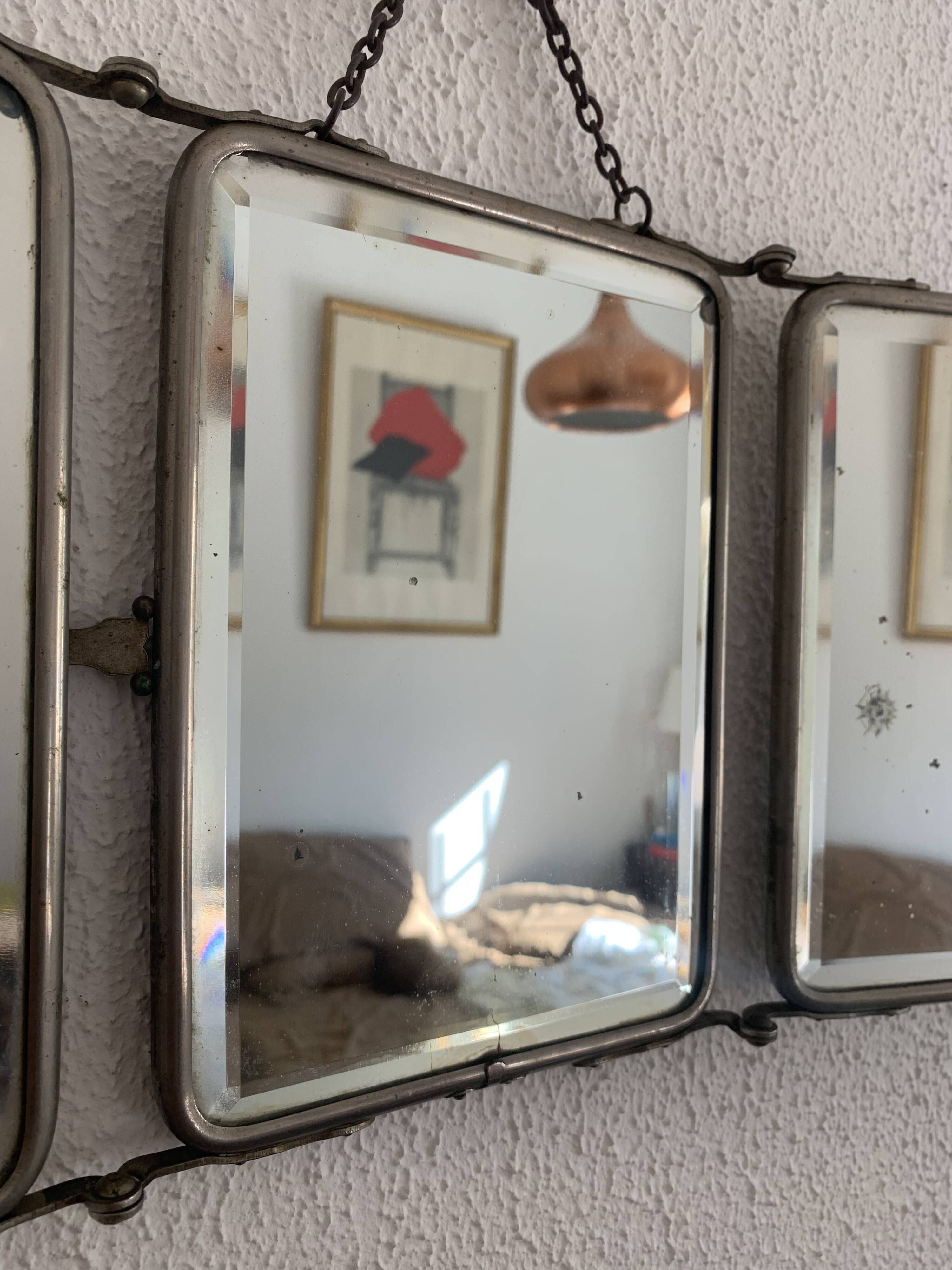 Vintage mirror 1930 crystal barber triptych - 22 x 51 cm