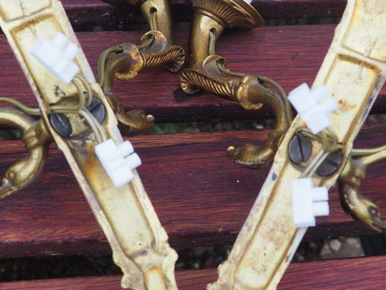 Vintage French Empire Sconces: Gilt Bronze, Salmon Column Double Arm Light
