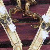 Vintage French Empire Sconces: Gilt Bronze, Salmon Column Double Arm Light