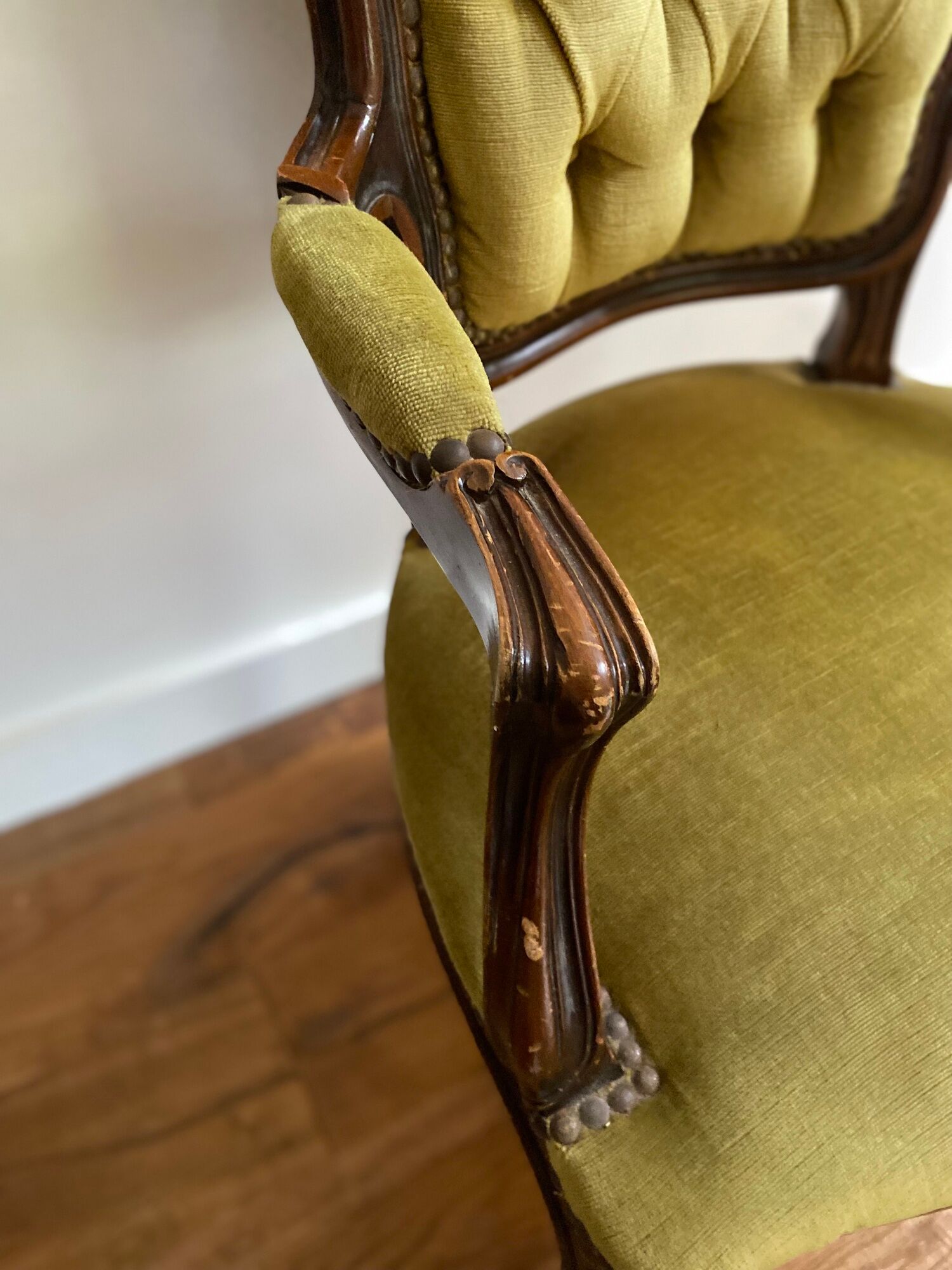 Cabriolets or Bergère armchairs Louis XV style in light green upholstered velvet