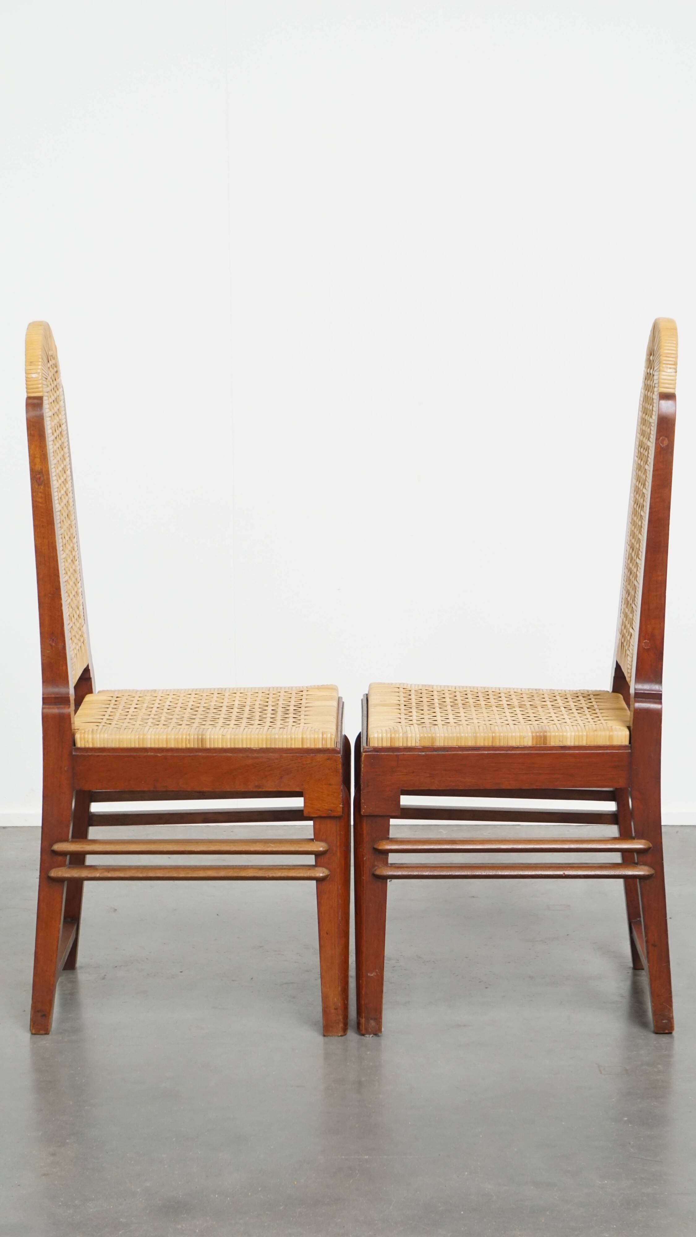 Set of 2 Wooden Art Deco Dining Chairs with Woven Cane Seat and Backrest