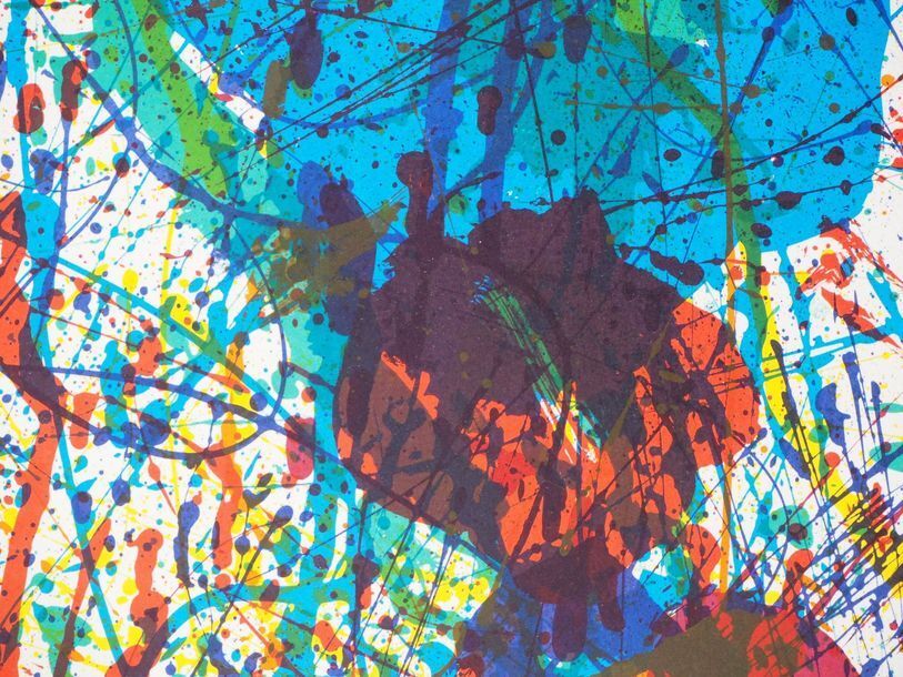 Affiche d'exposition réalisée en lithographie originale Sam Francis, explosion de couleurs, 1983.