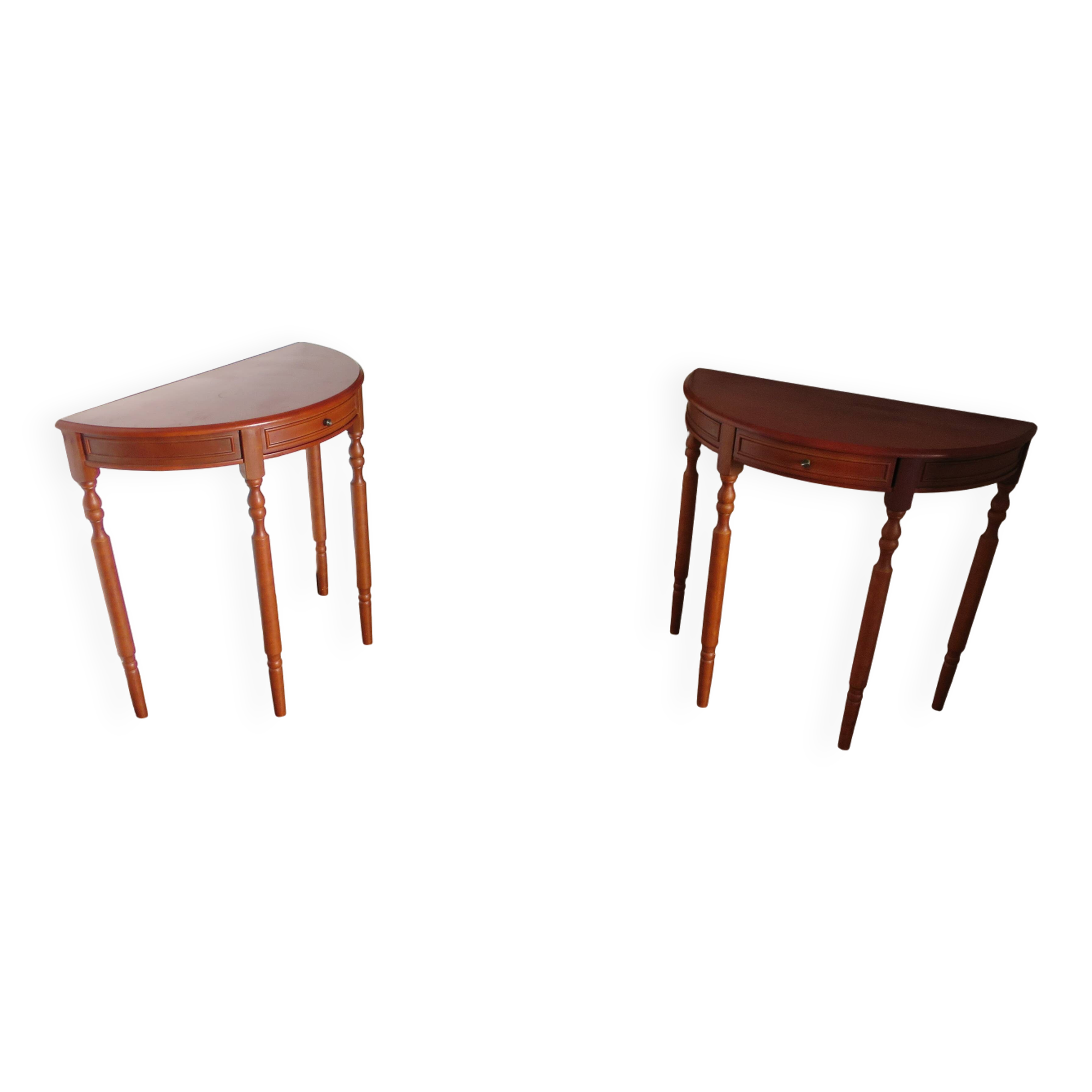 Lot de 2 consoles demi-lune avec tiroir - merisier - style Louis Philippe