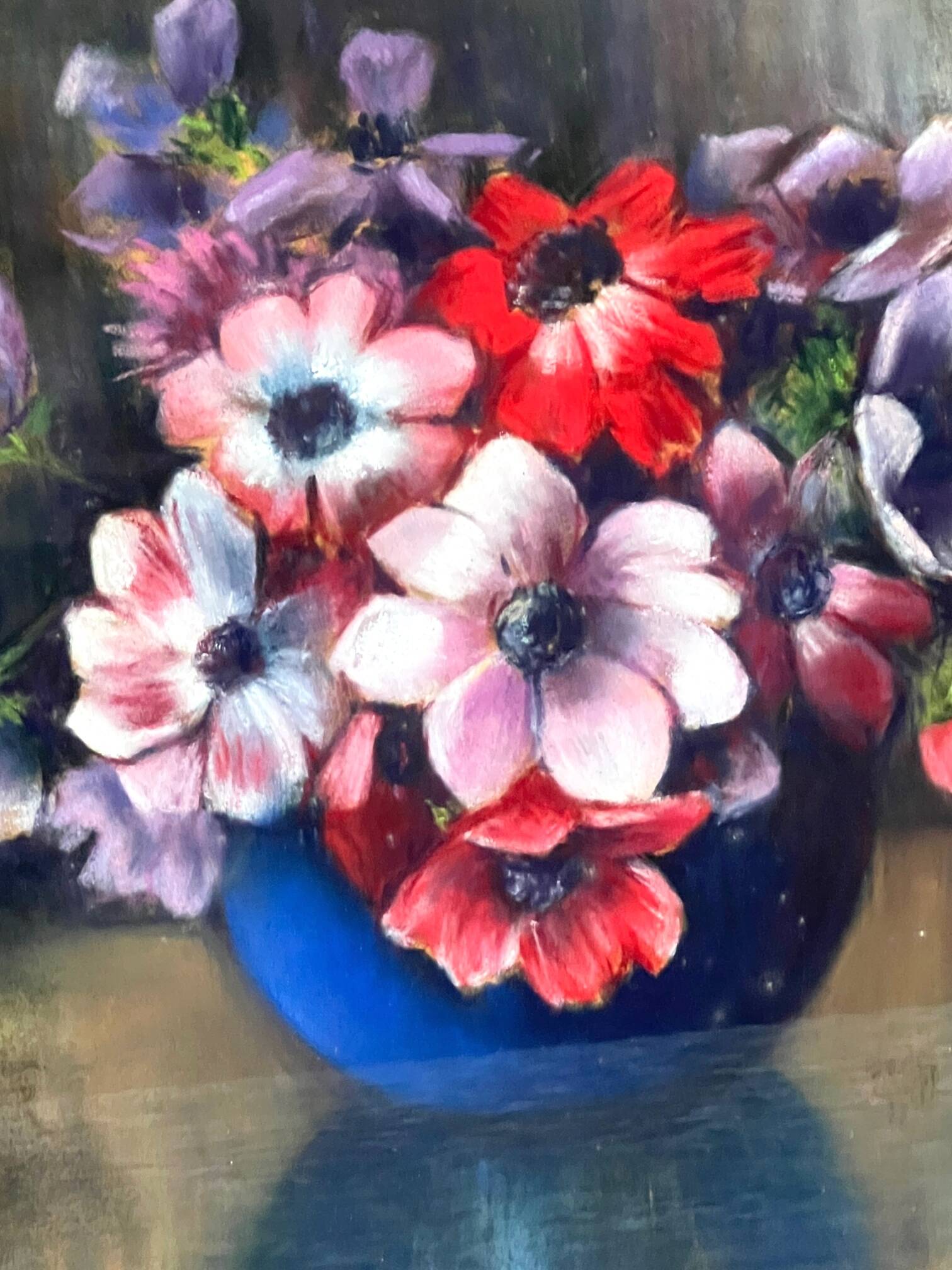M.Steenbrugen. Still life with flowers in a blue vase. Pastel.