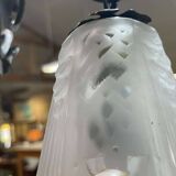 Art Deco chandelier in glass and wrought iron signed Muller Frères Luneville, 3 lights
