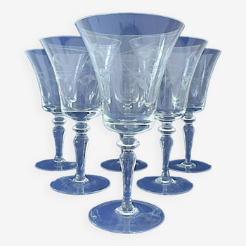 Set of six water glasses in engraved colorless crystal