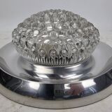 Plafonnier vintage, bague chromée et abat-jour en verre bullé