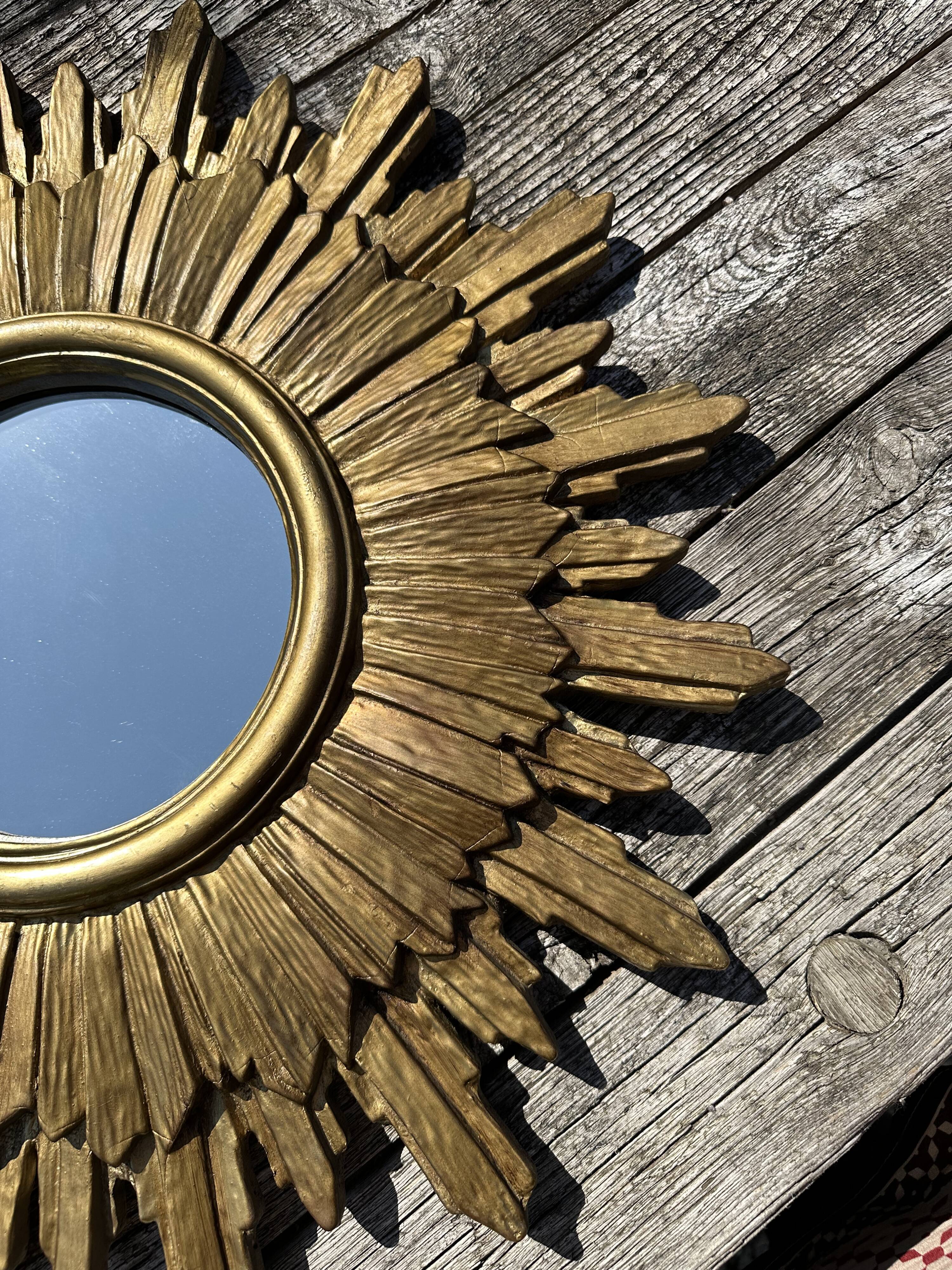 Vintage sun mirror 1960 in patinated golden balsa
