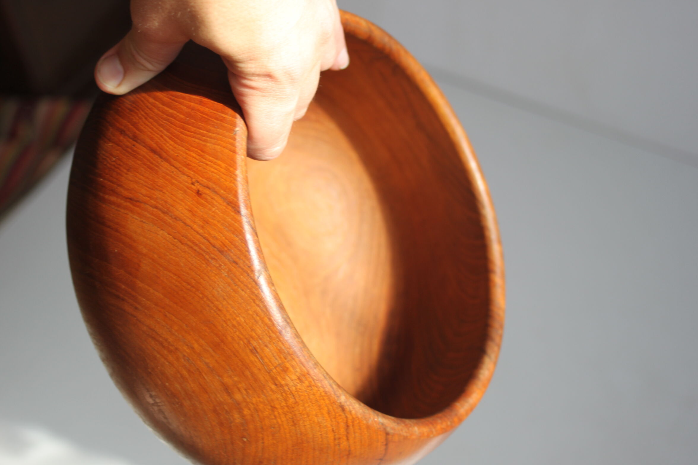 Teak wooden salad bowl and serving spoons, 1970s