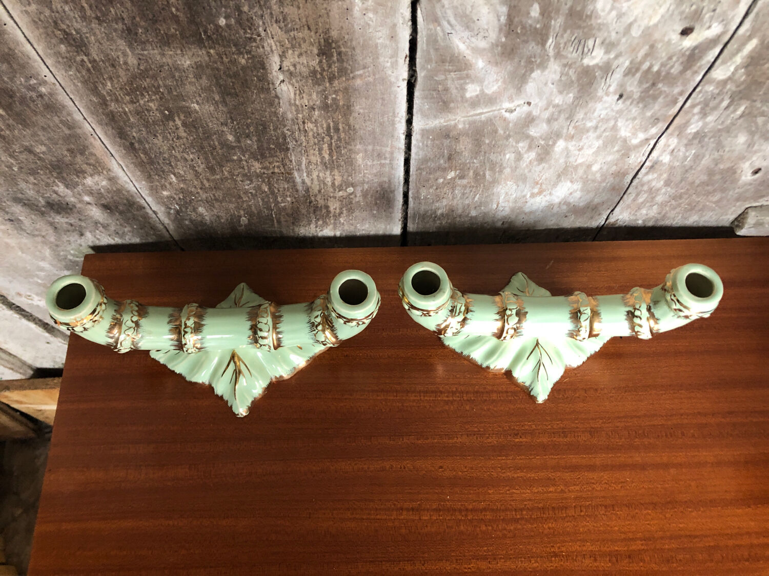 Old pair of double ceramic candlesticks green & gold vintage #A270