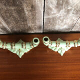 Old pair of double ceramic candlesticks green & gold vintage #A270