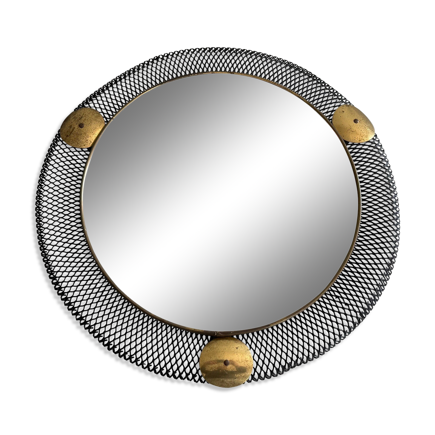 Round wall mirror in brass and black wire, 1960s, Germany