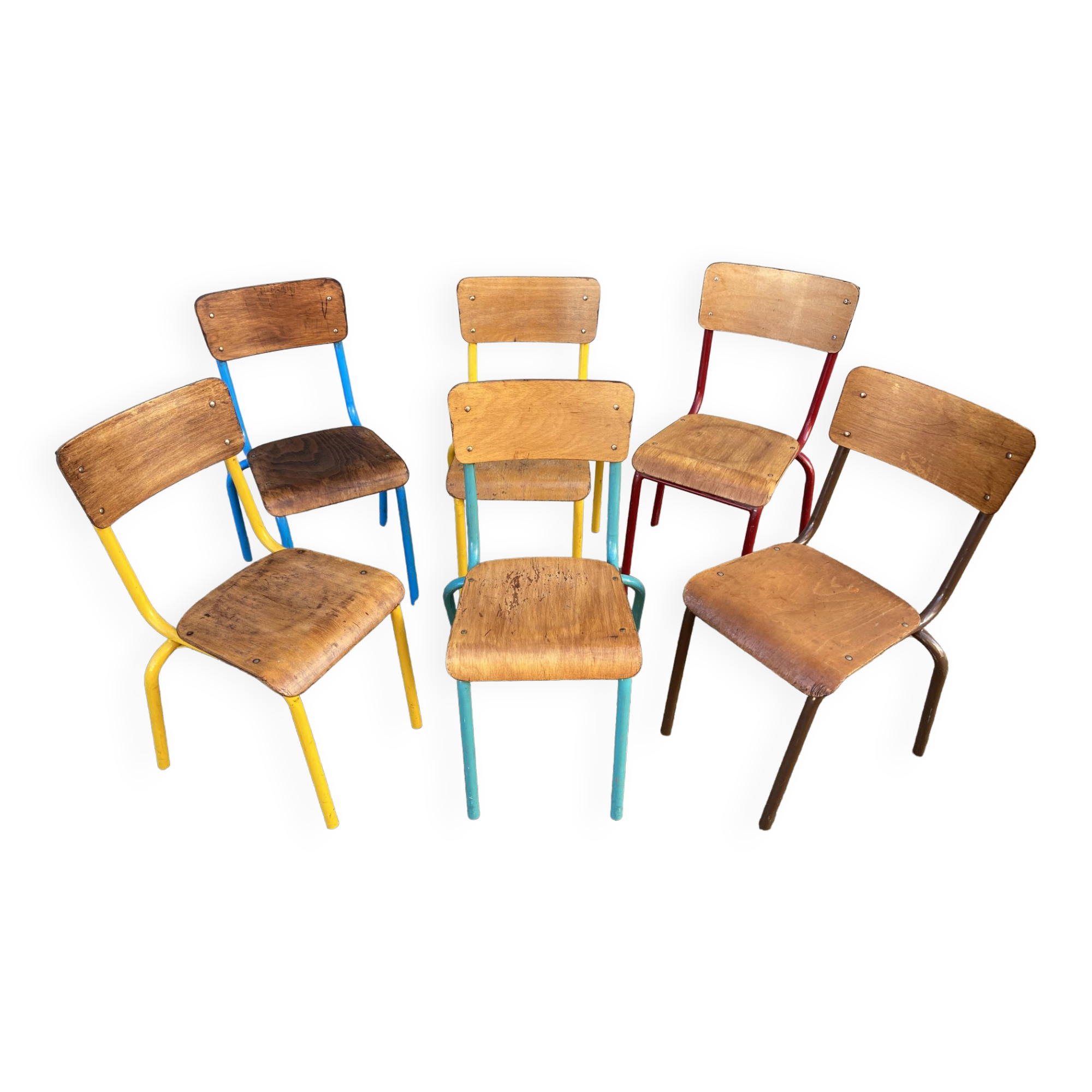 Set of 6 mismatched school chairs multicolor industrial vintage school community mullca dela