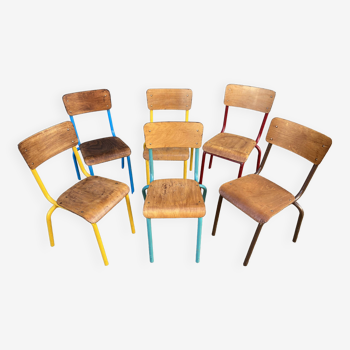 Set of 6 mismatched school chairs multicolor industrial vintage school community mullca dela