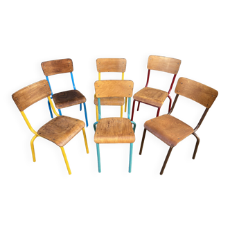 Lot de 6 chaises école dépareillées multicolore industrielle école vintage collectivités mullca dela