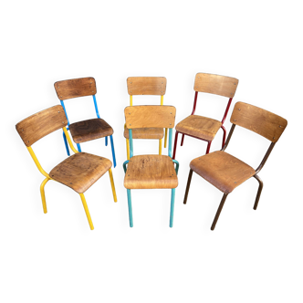 Set of 6 mismatched school chairs multicolor industrial vintage school community mullca dela