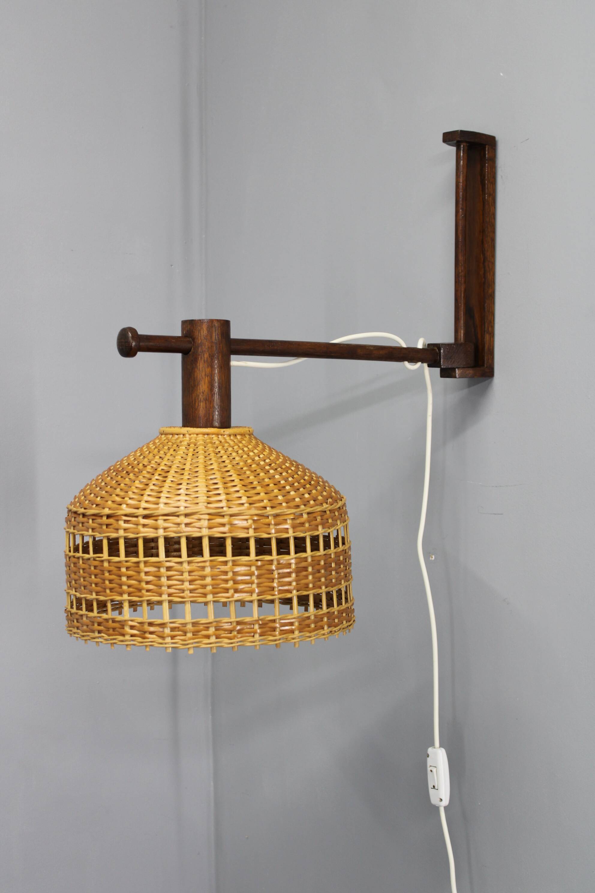 Adjustable mid-century wooden wall lamp with rattan shade, 1970s