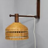 Adjustable mid-century wooden wall lamp with rattan shade, 1970s