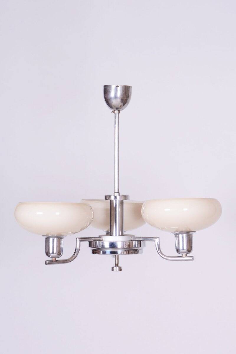 Bauhaus Chandelier in Chrome-Plated Steel and Opaline Glass, Czech, 1930s