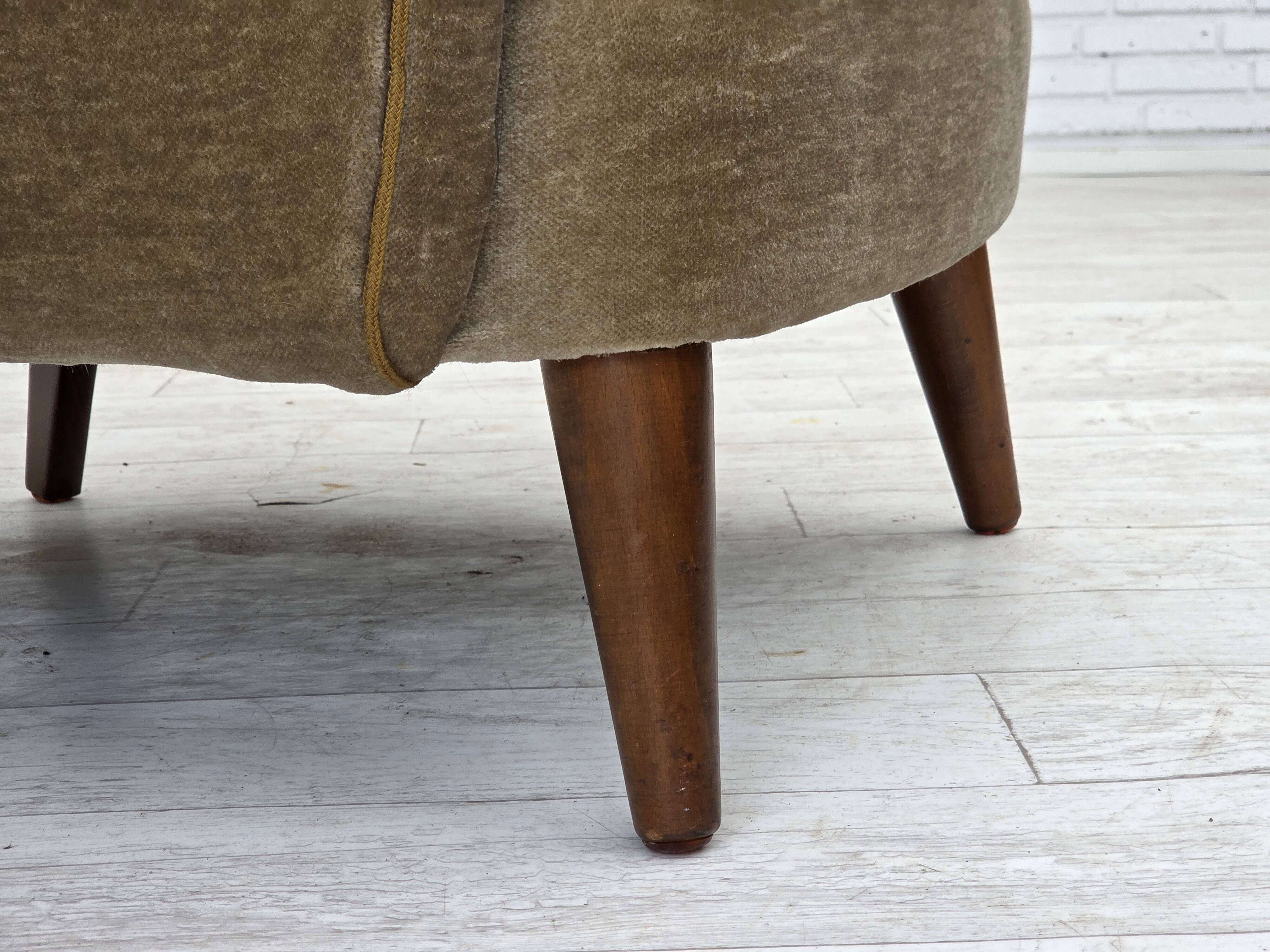 1970s, Danish armchair, green furniture velour, beech wood legs.