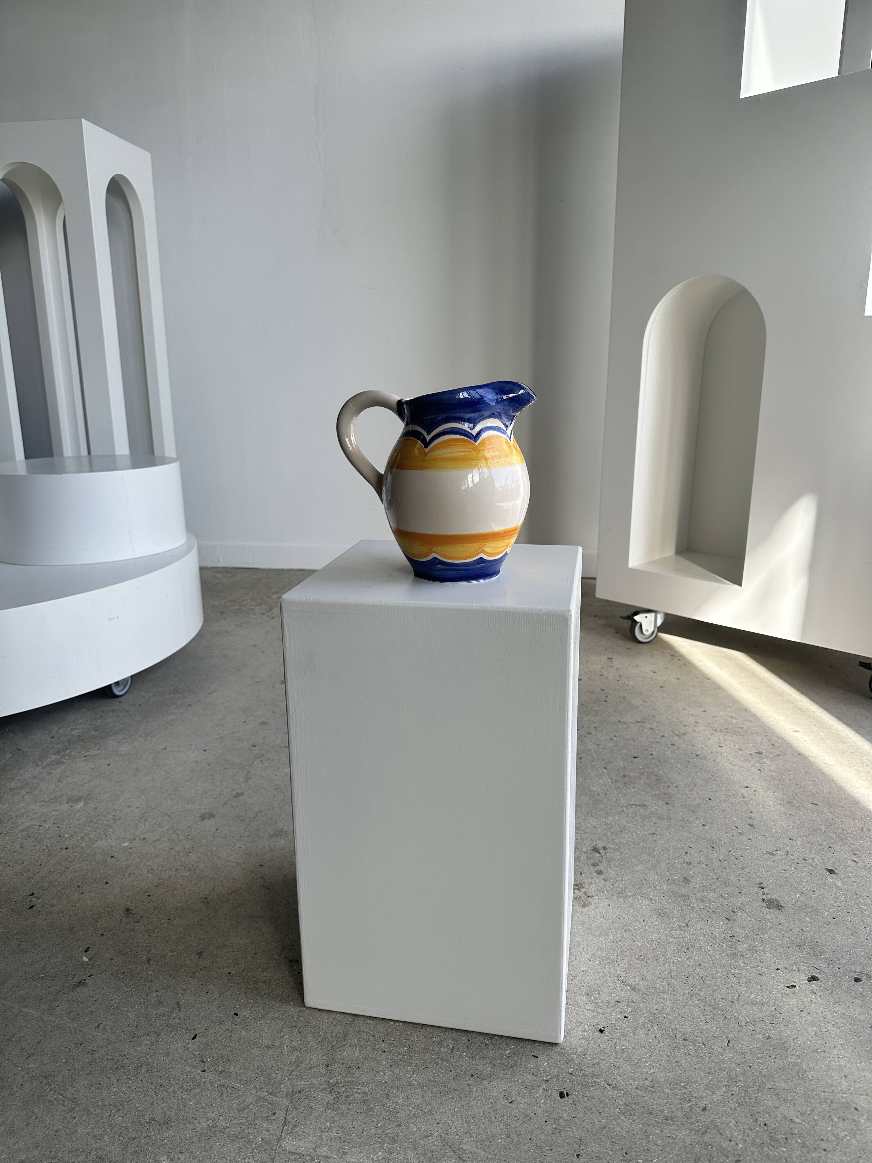 Large blue and yellow hand painted carafe H:20cm