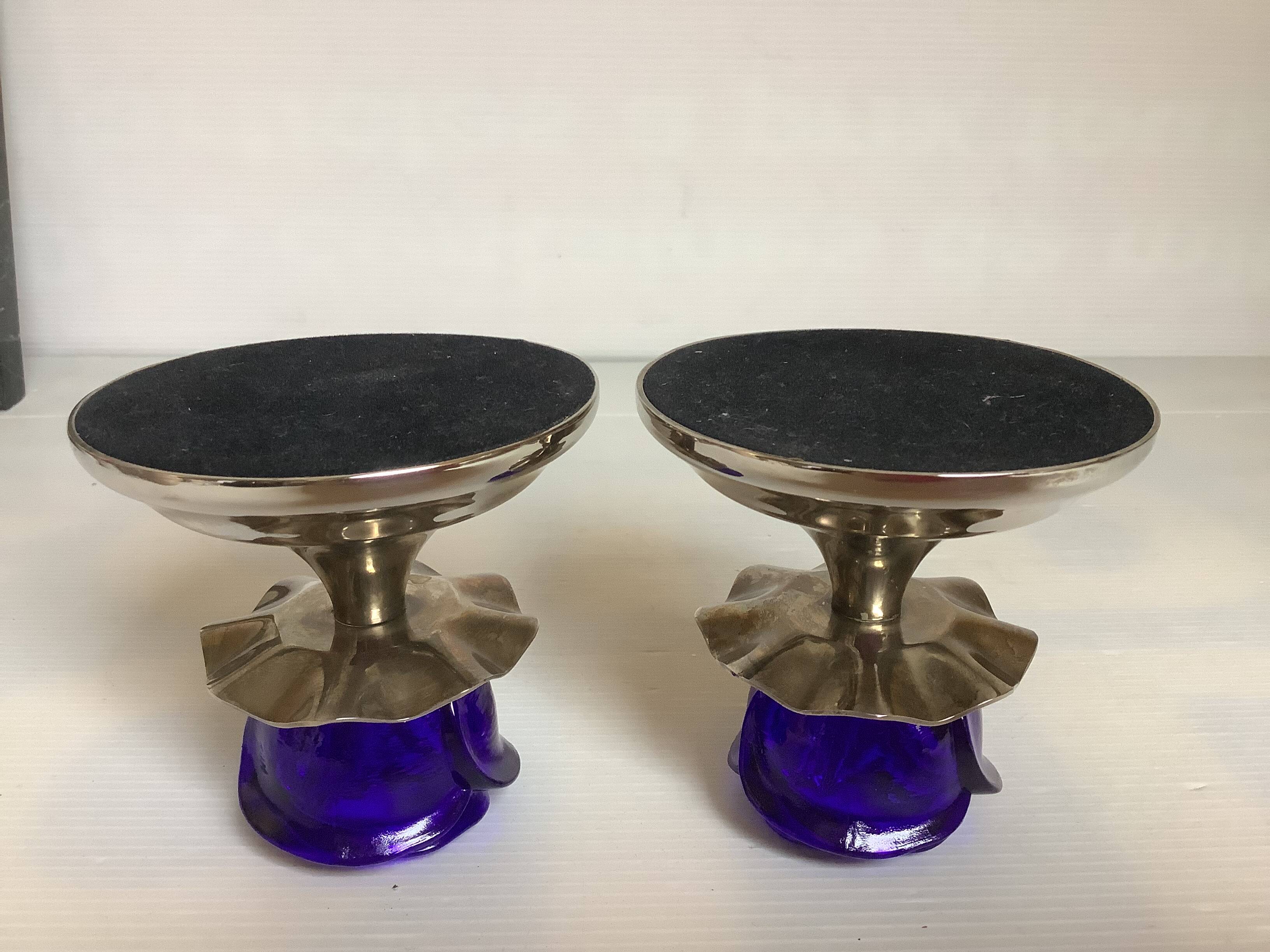 Pair of cobalt blue tulip-base candlesticks