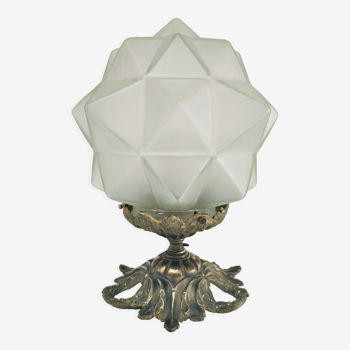 Art deco lamp satin glass star bronze mount