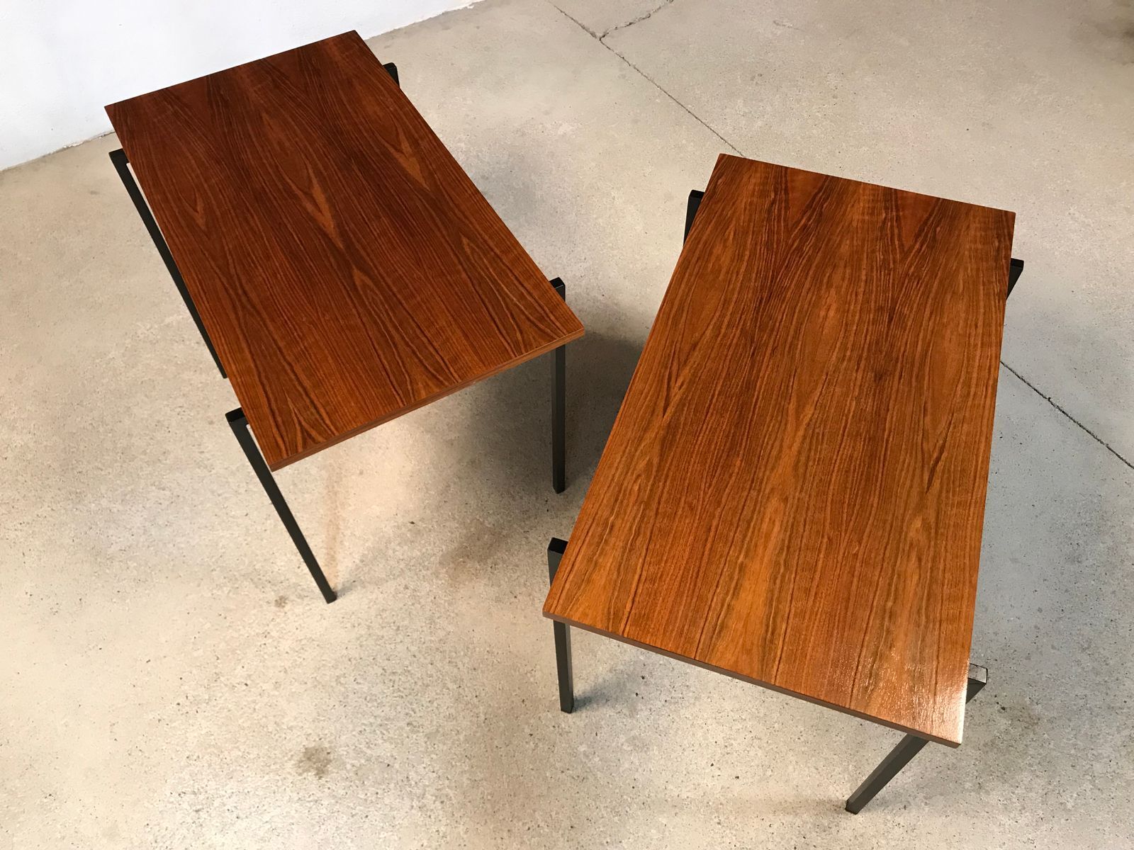 Minimalist walnut & steel stacking side tables, 1960s, Set of 2