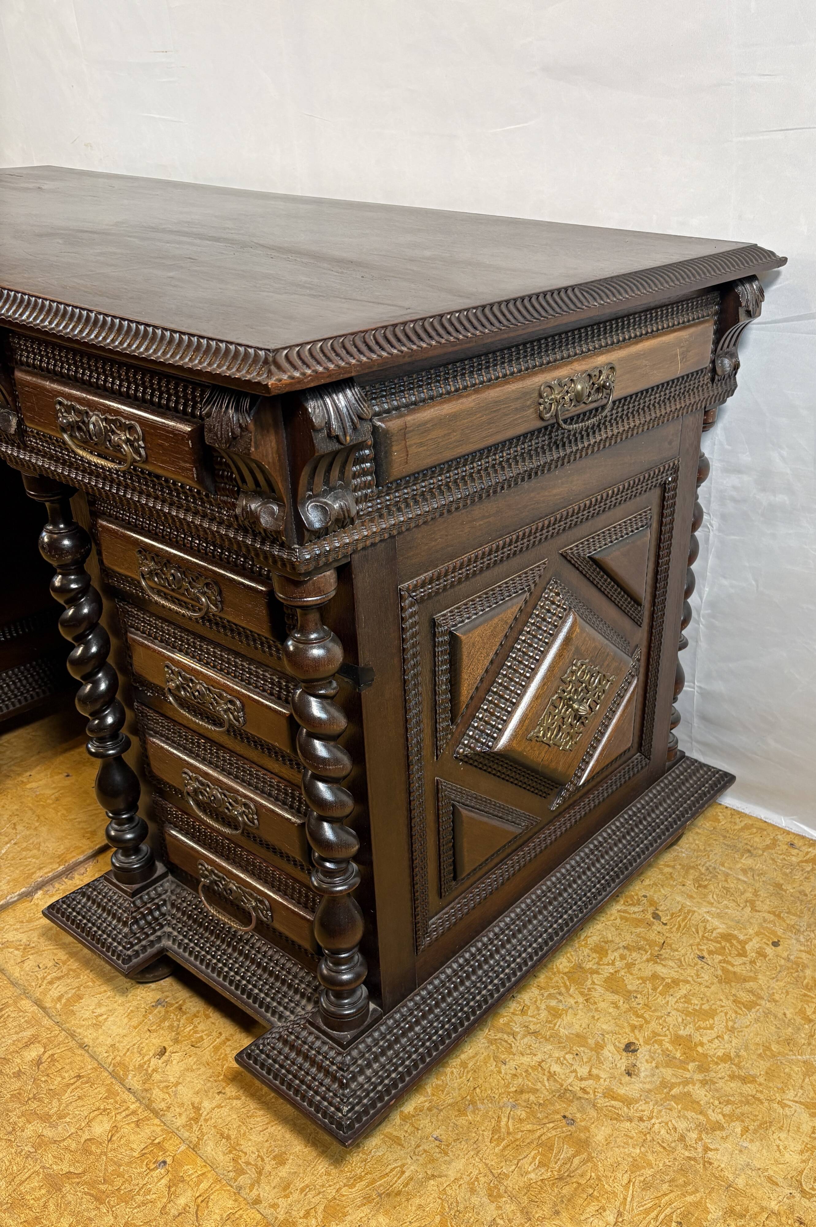 Exceptional Antique Portuguese Baroque Revival Twin Pedestal Desk  Spiral T